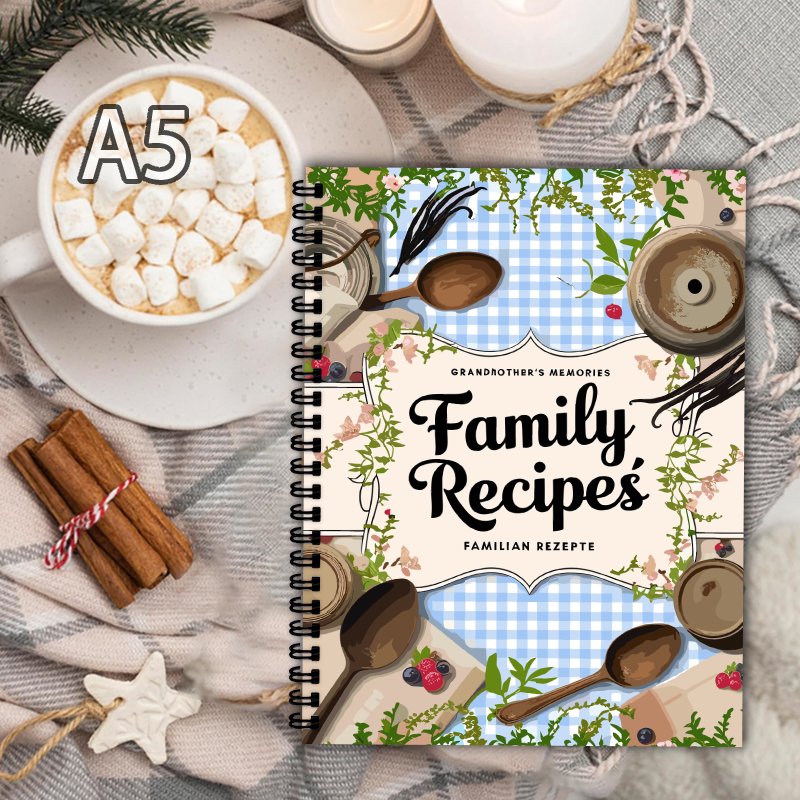 Home Cooking Book - Buku resep A5, kotak-kotak biru, desain